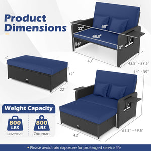 PE Wicker Outdoor Daybed with 4-Level Adjustable Backrest and Storage Ottoman-Navy view 5