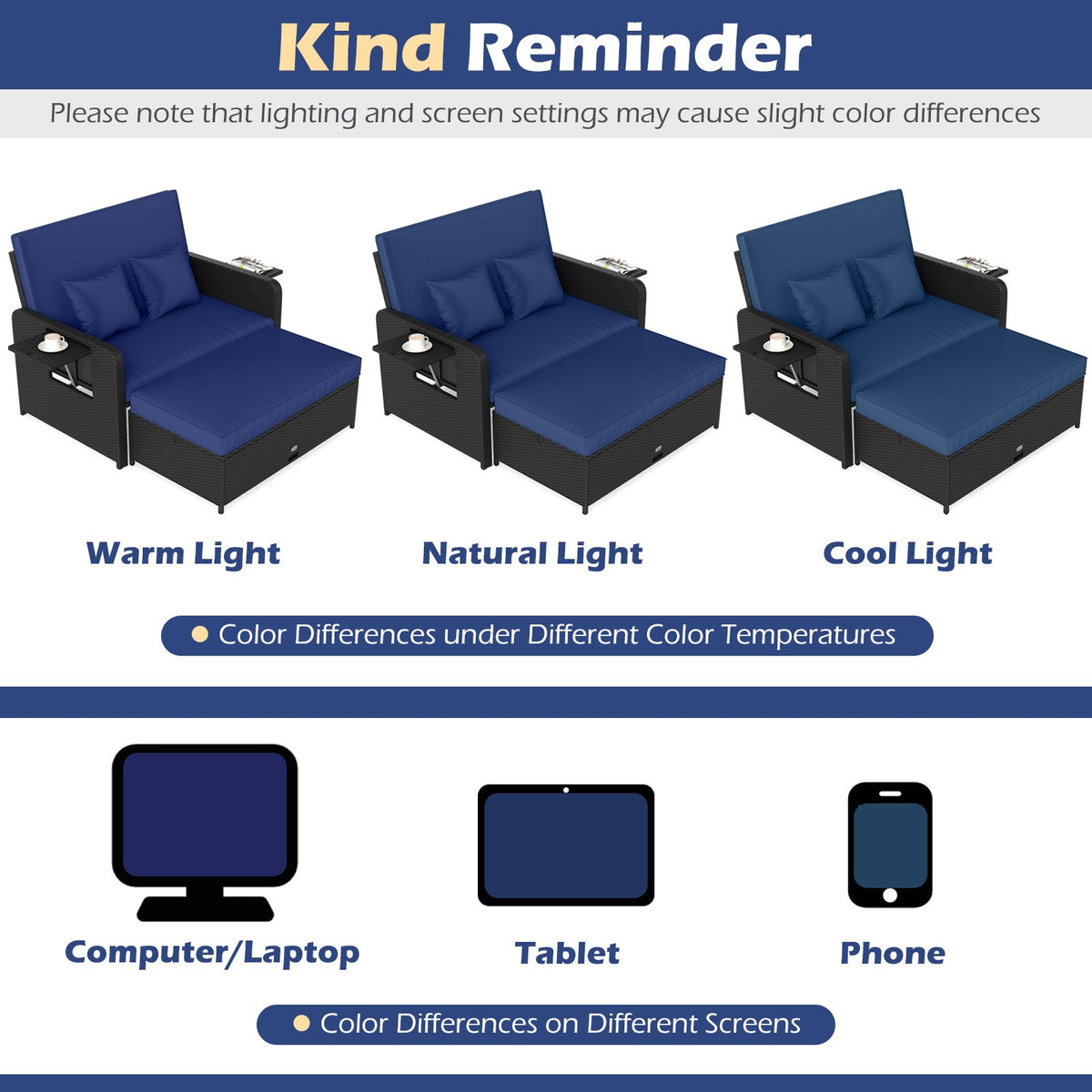 PE Wicker Outdoor Daybed with 4-Level Adjustable Backrest and Storage Ottoman-Navy view 6