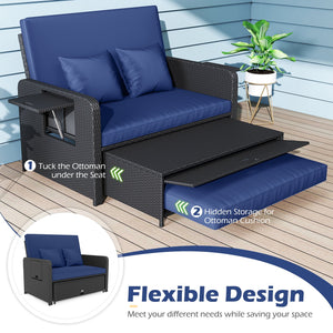 PE Wicker Outdoor Daybed with 4-Level Adjustable Backrest and Storage Ottoman-Navy view 8