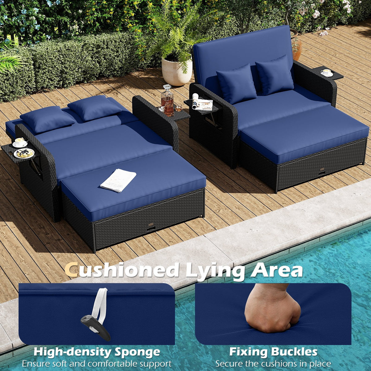 PE Wicker Outdoor Daybed with 4-Level Adjustable Backrest and Storage Ottoman-Navy view 9