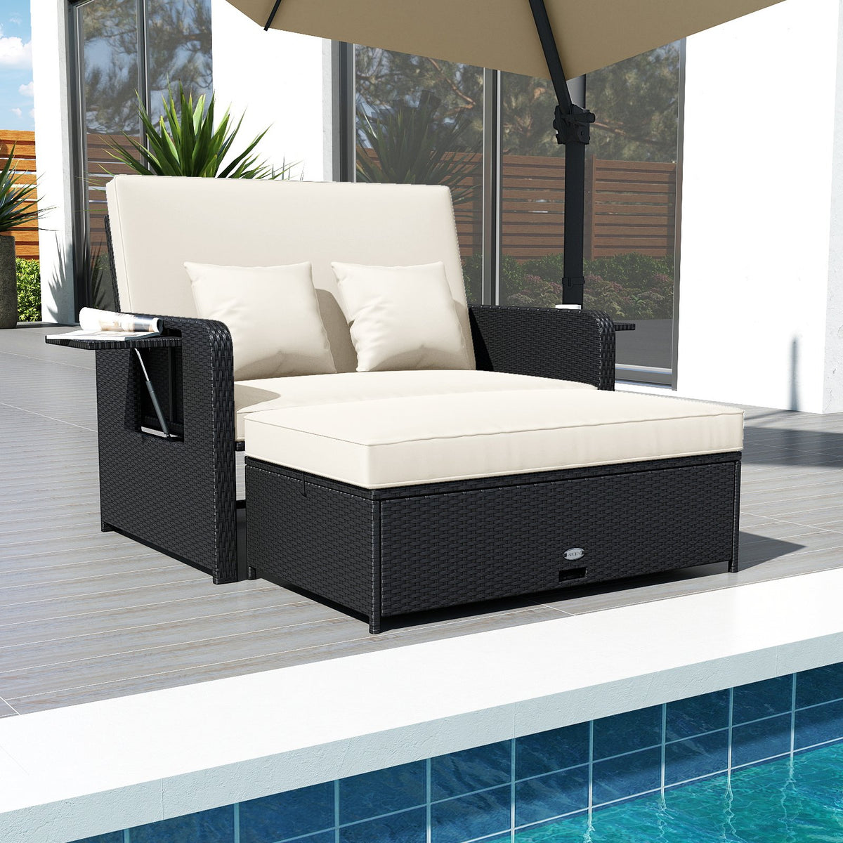PE Wicker Outdoor Daybed with 4-Level Adjustable Backrest and Storage Ottoman-White view 3