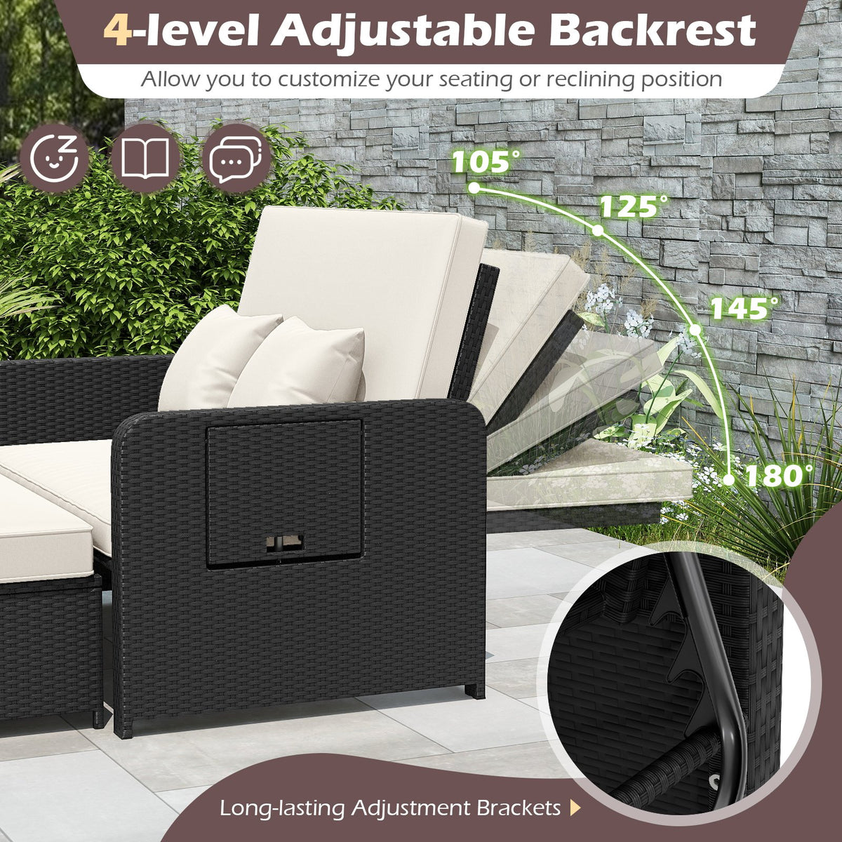 PE Wicker Outdoor Daybed with 4-Level Adjustable Backrest and Storage Ottoman-White view 7