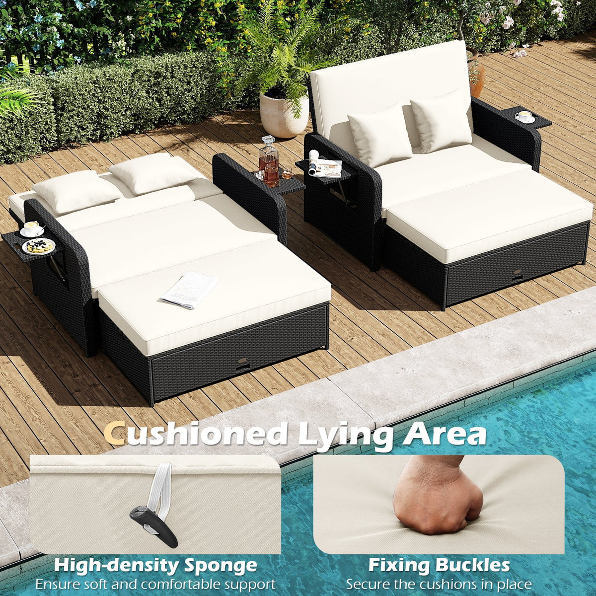 PE Wicker Outdoor Daybed with 4-Level Adjustable Backrest and Storage Ottoman-White view 9