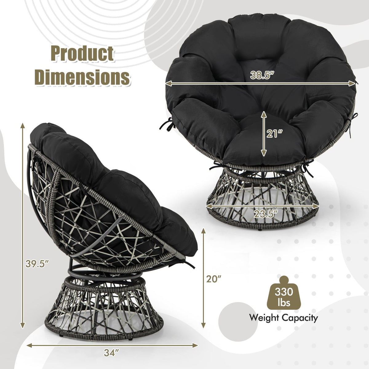 PE Wicker Papasan Chair with Thick and Removable Cushion-Black view 4