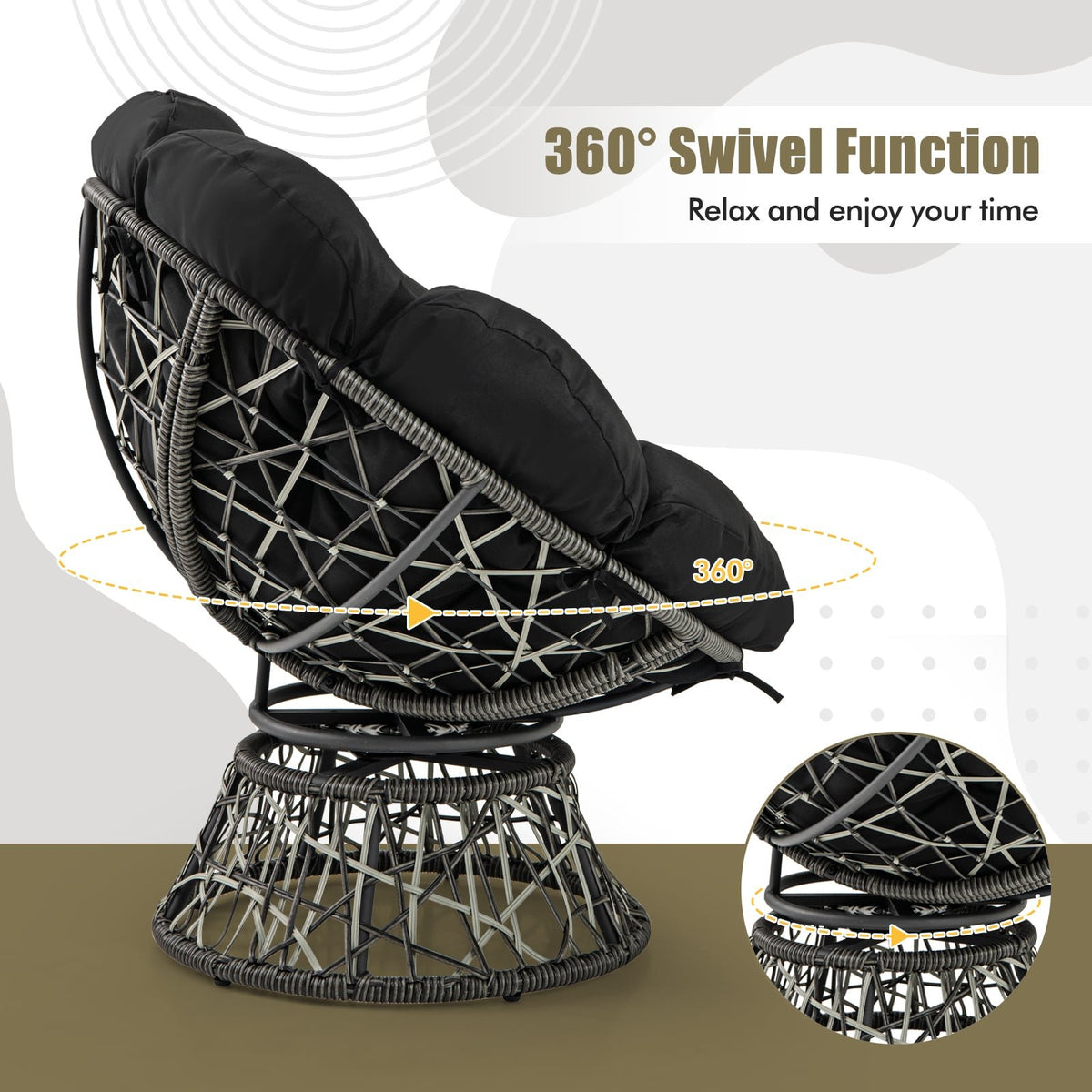 PE Wicker Papasan Chair with Thick and Removable Cushion-Black view 5