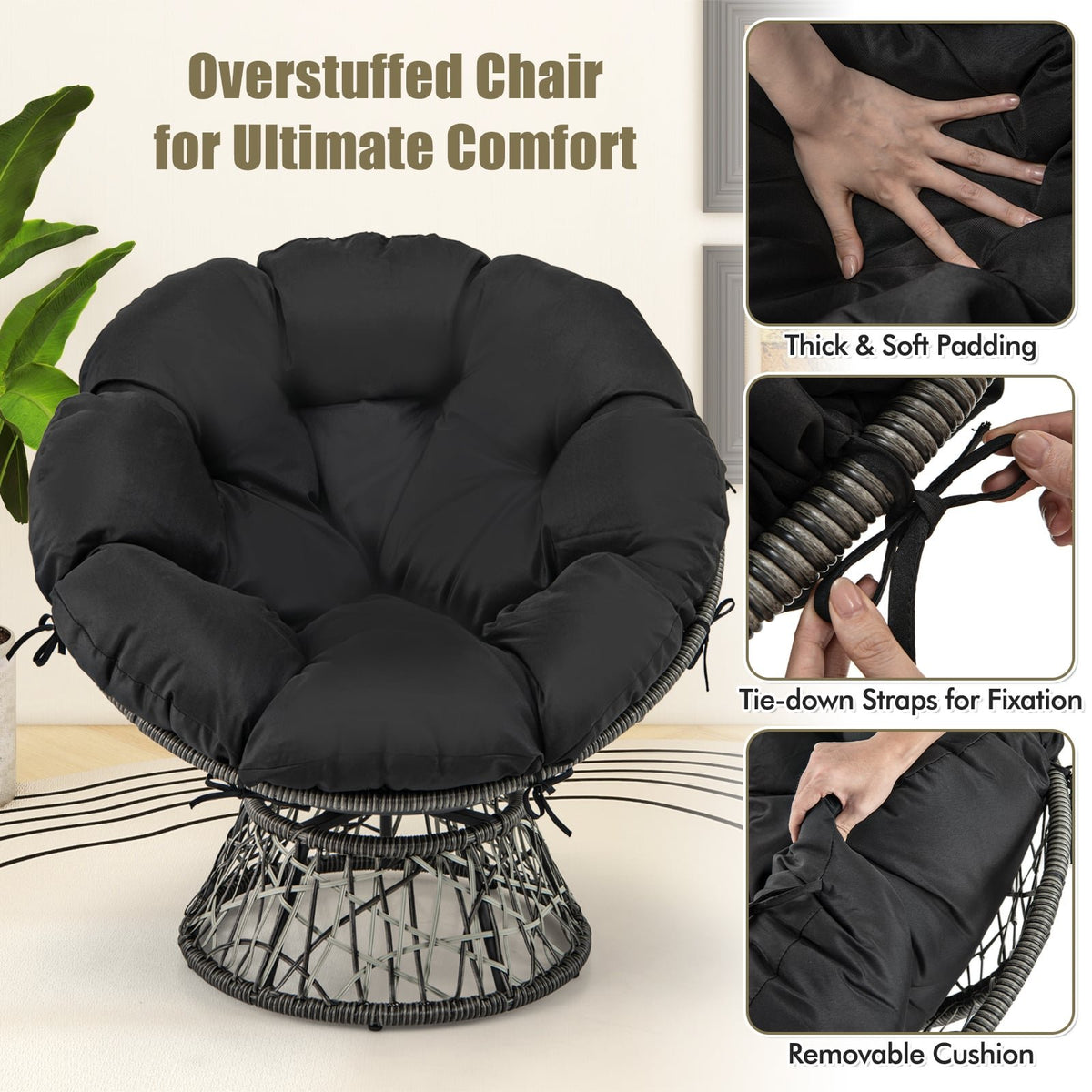 PE Wicker Papasan Chair with Thick and Removable Cushion-Black view 7