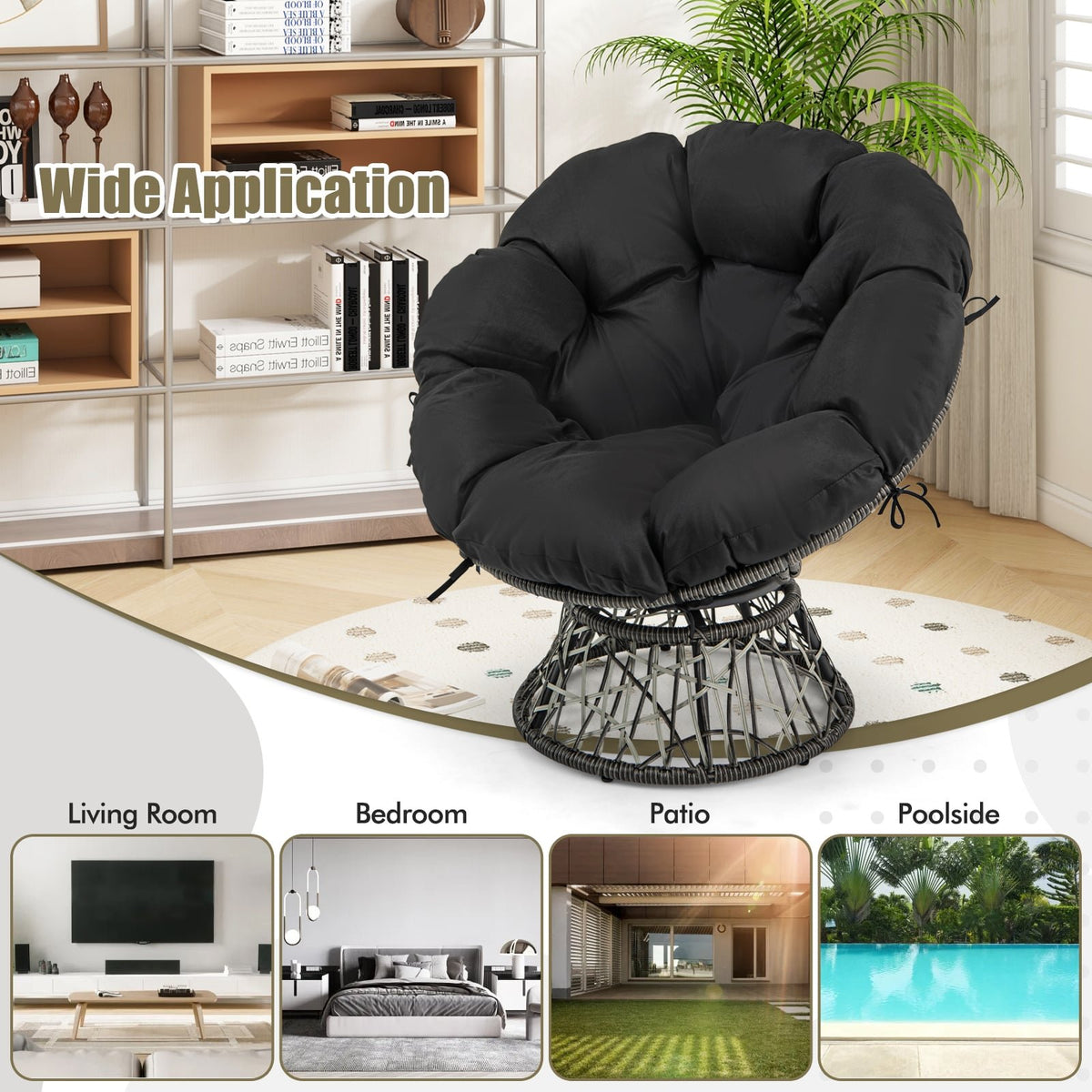 PE Wicker Papasan Chair with Thick and Removable Cushion-Black view 9