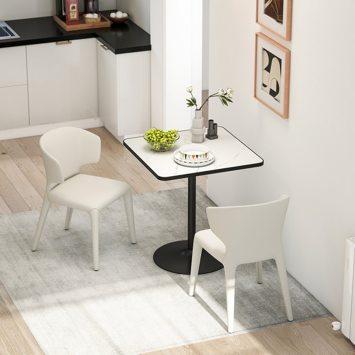 Dining Table for 4, Modern Kitchen Table with Marble Effect Tabletop and Round Base, White