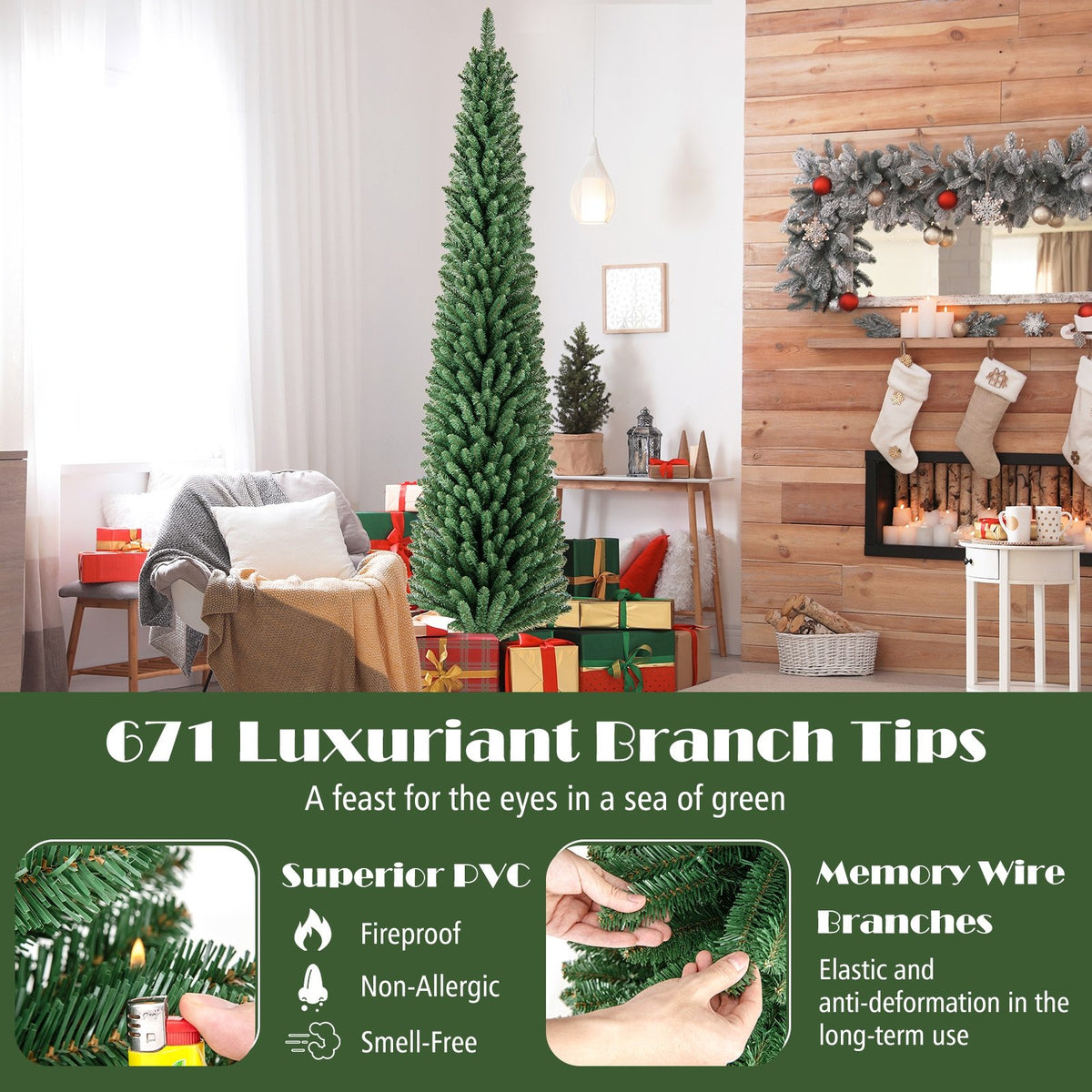 Pencil Christmas Tree with Memory Wire Branch Tips and Warm, LED Lights-8FT view 6