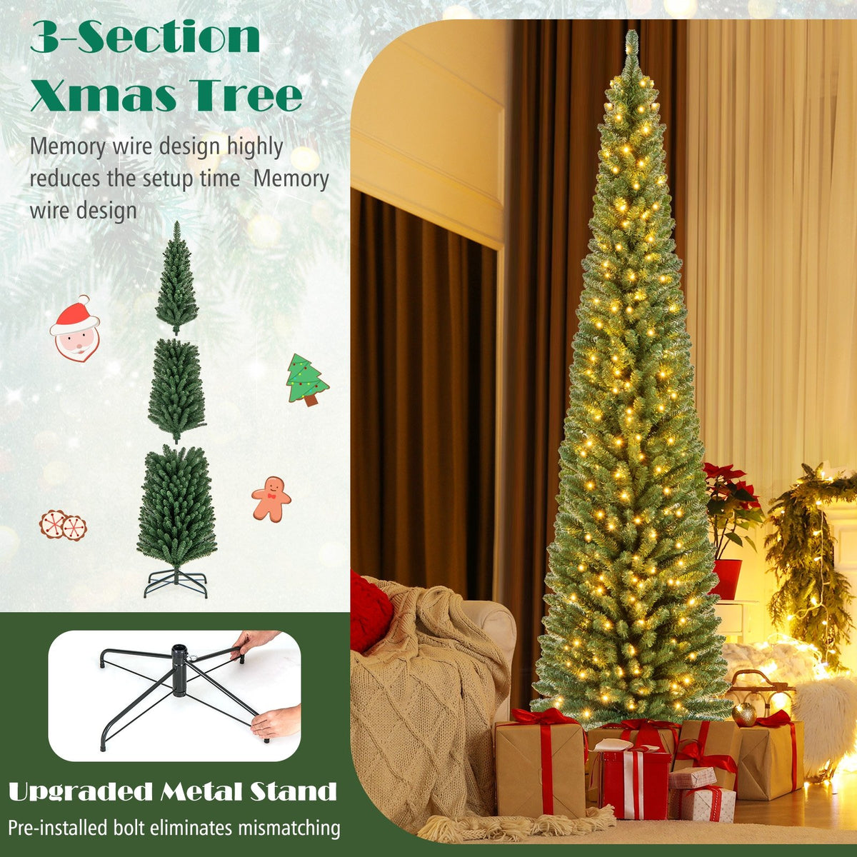 Pencil Christmas Tree with Memory Wire Branch Tips and Warm, LED Lights-8FT view 8