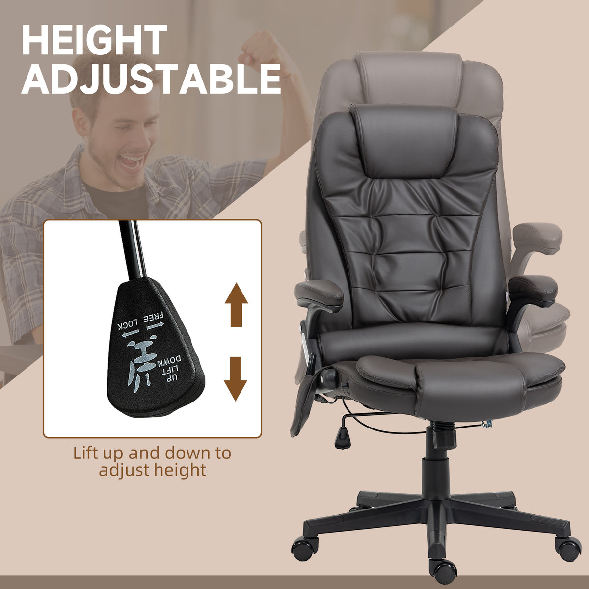 Office Chair Heated Ergonomic Massage Swivel Vibrating High Back Faux Leather Executive Chair Office (Brown)