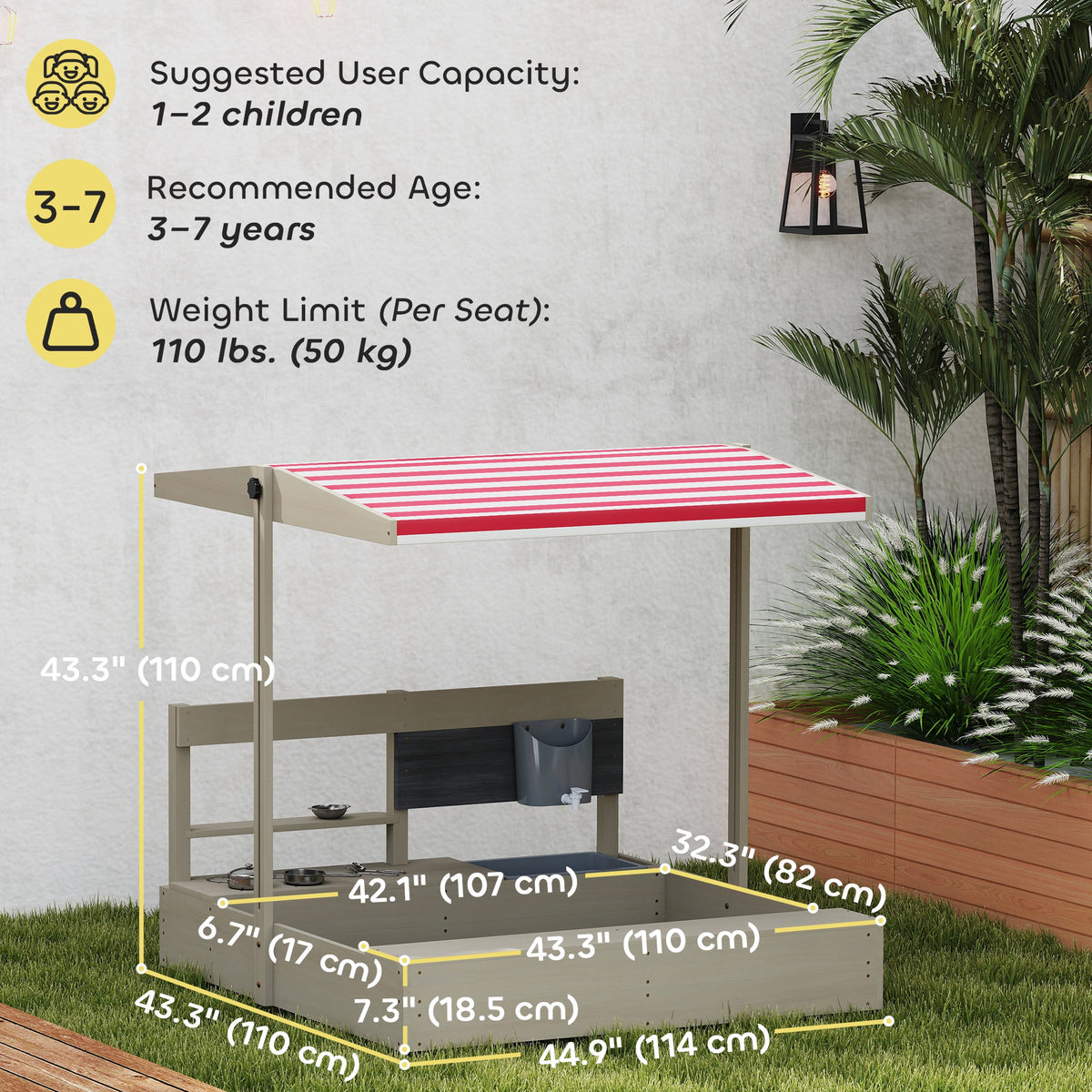 Kids Sandbox with Cover Kitchen Playset Toys, Wooden Sand Box with Seat, Storage, for 3-7 Years Old, Grey – view 2