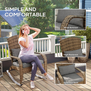 Adirondack Chair, Outdoor Wicker Rocking Chair with High Back, Seat Cushion and Pillow for Porch, Balcony, Cream/Brown