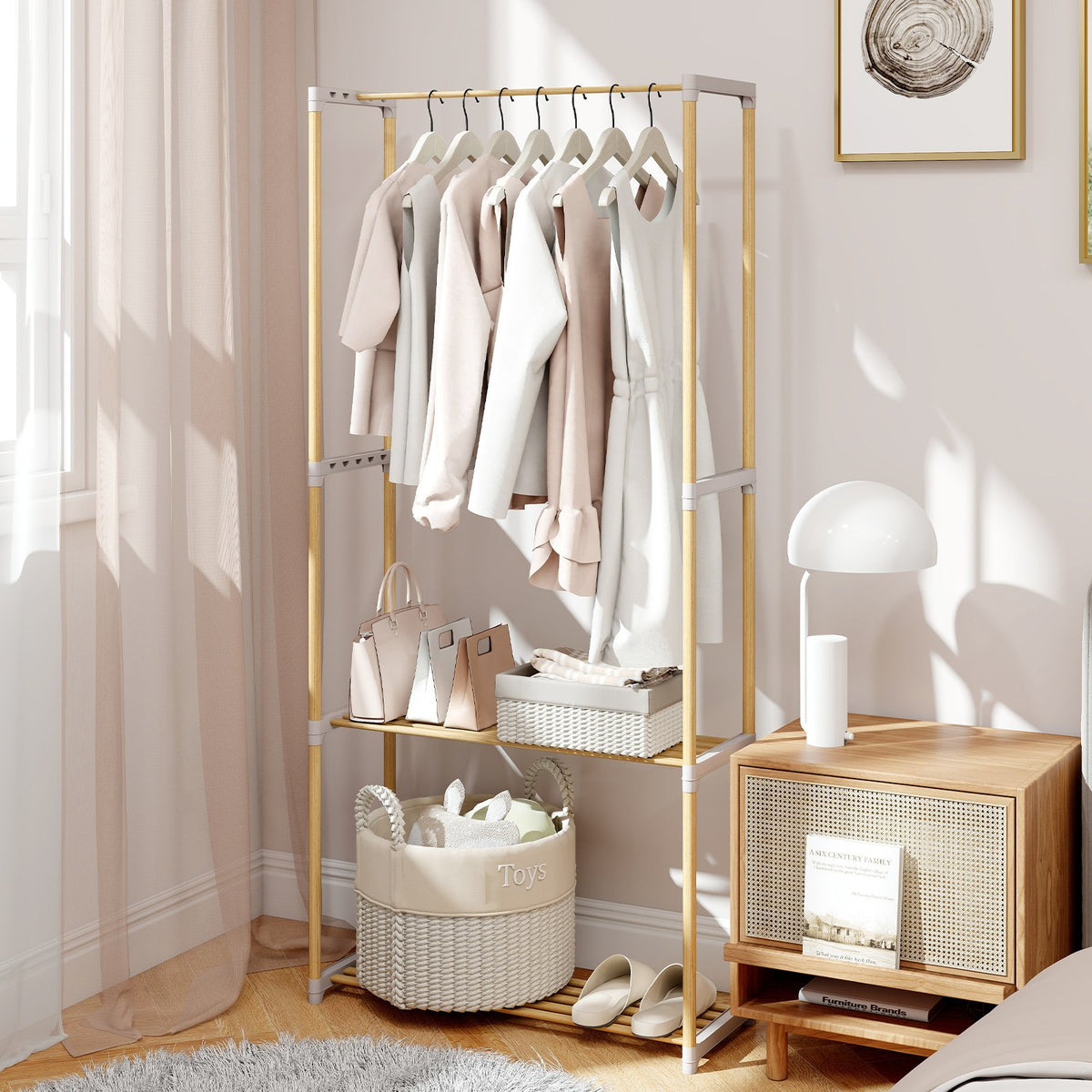 Pine Wood Clothes Rack with 2-Tier Open Storage Shelf for Hanging Clothes-Gray view 2