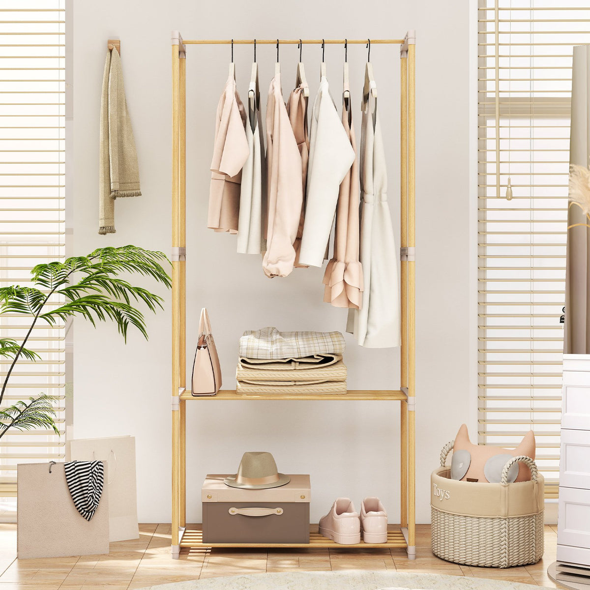 Pine Wood Clothes Rack with 2-Tier Open Storage Shelf for Hanging Clothes-Gray view 3