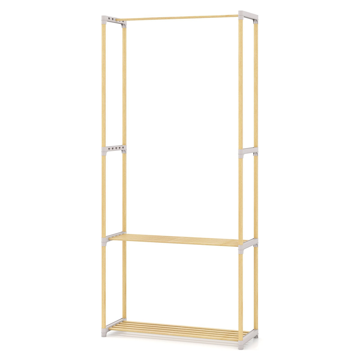 Pine Wood Clothes Rack with 2-Tier Open Storage Shelf for Hanging Clothes-Gray view 4