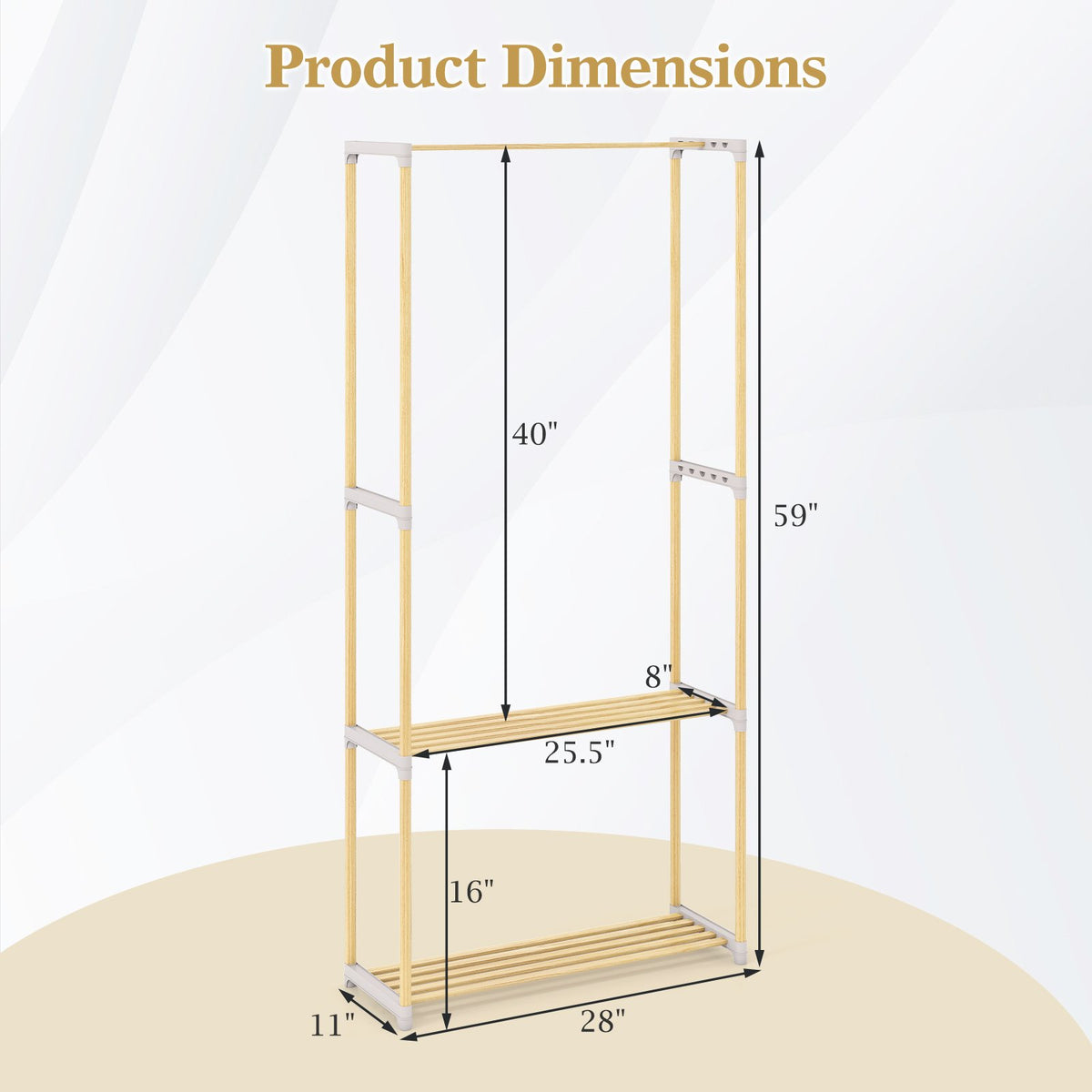 Pine Wood Clothes Rack with 2-Tier Open Storage Shelf for Hanging Clothes-Gray view 5