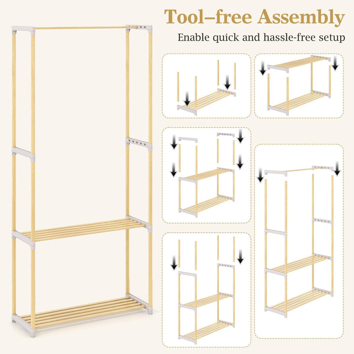 Pine Wood Clothes Rack with 2-Tier Open Storage Shelf for Hanging Clothes-Gray view 9