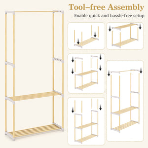 Pine Wood Clothes Rack with 2-Tier Open Storage Shelf for Hanging Clothes-Gray view 9