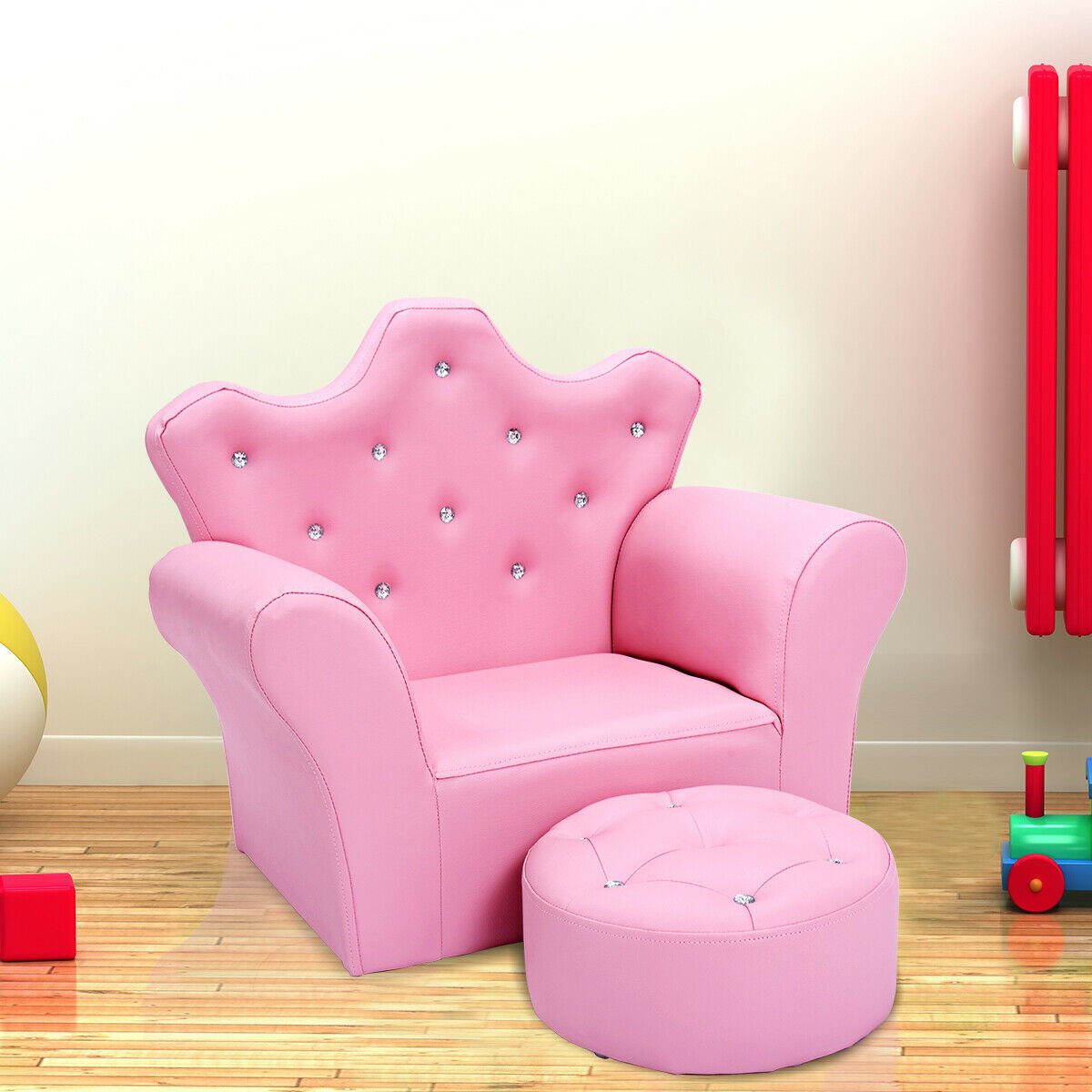 Children Upholstered Princess Sofa with Ottoman and Diamond Decoration for Boys and Girls-Pink view 2