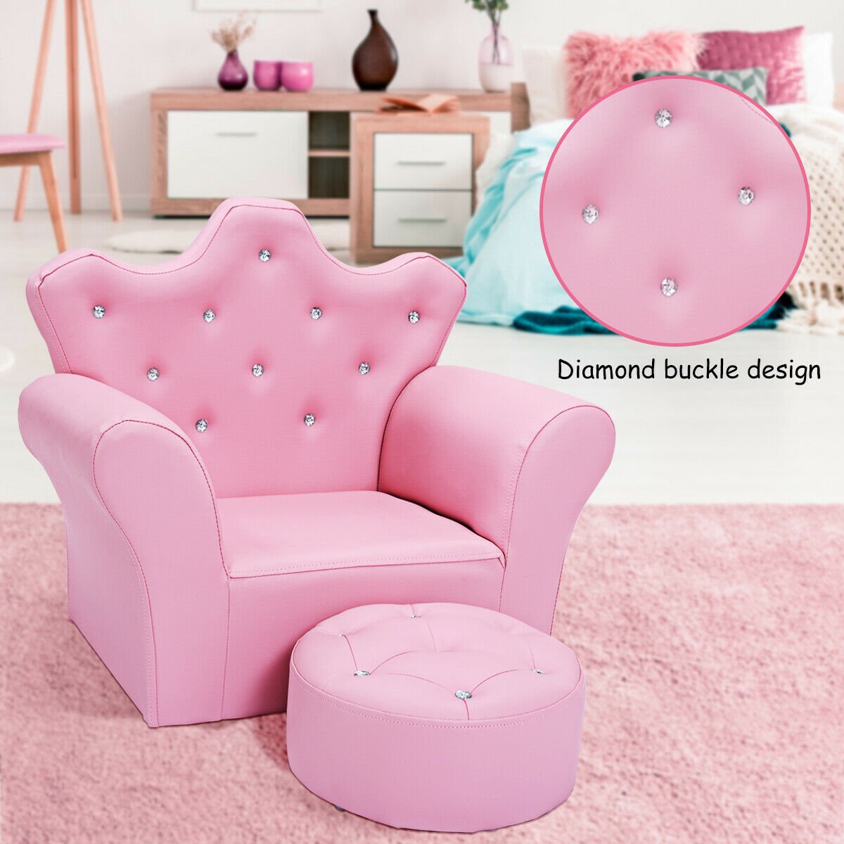 Children Upholstered Princess Sofa with Ottoman and Diamond Decoration for Boys and Girls-Pink view 3
