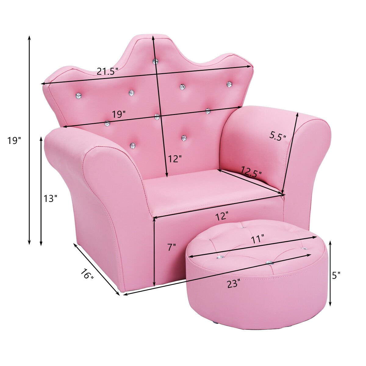 Children Upholstered Princess Sofa with Ottoman and Diamond Decoration for Boys and Girls-Pink view 4