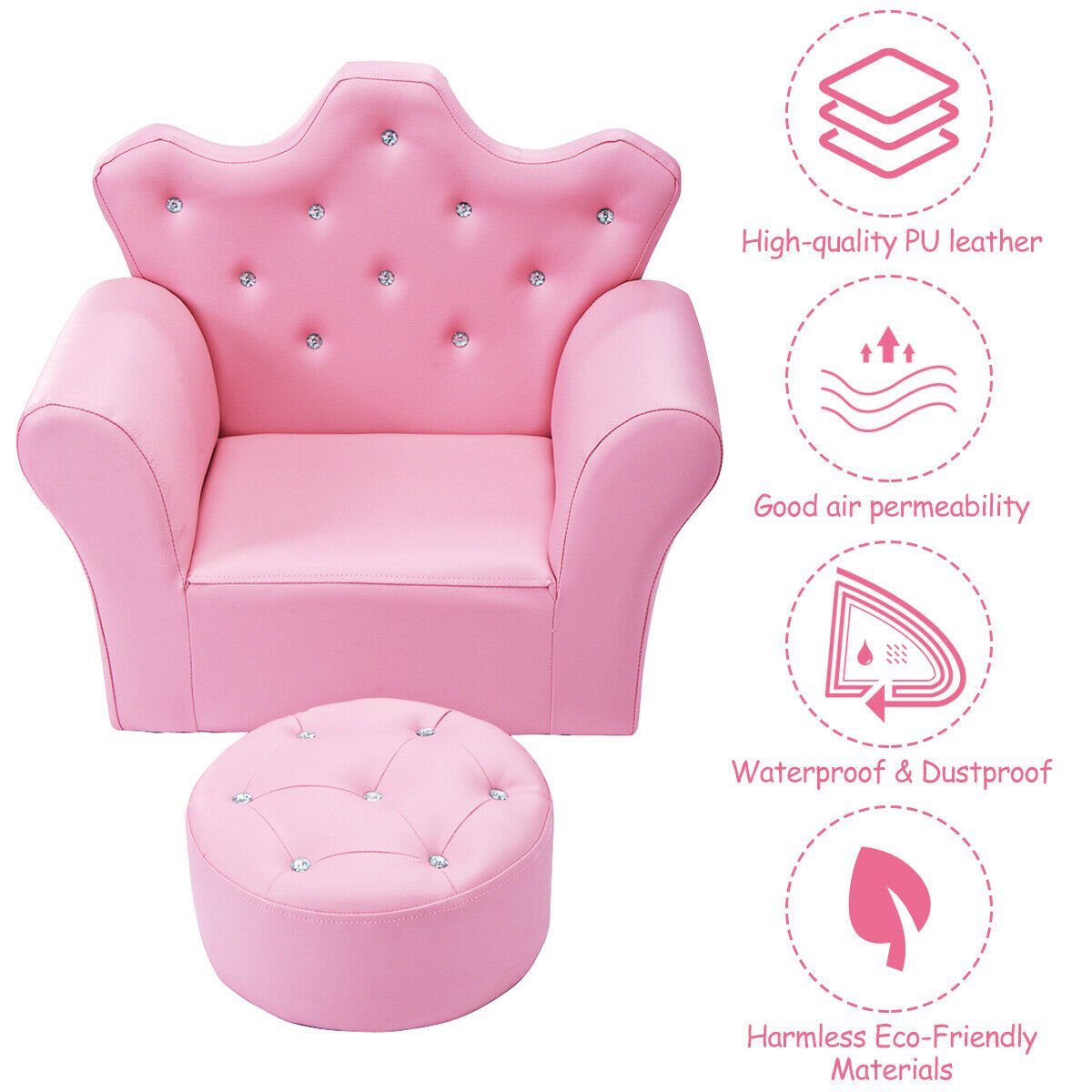Children Upholstered Princess Sofa with Ottoman and Diamond Decoration for Boys and Girls-Pink view 5