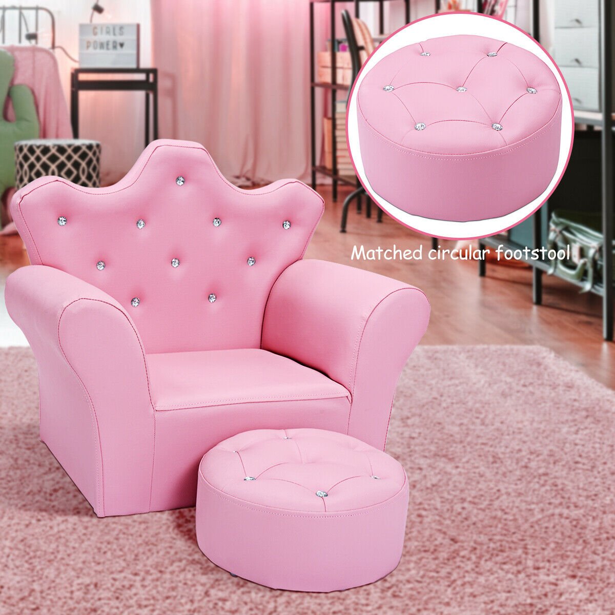 Children Upholstered Princess Sofa with Ottoman and Diamond Decoration for Boys and Girls-Pink view 8