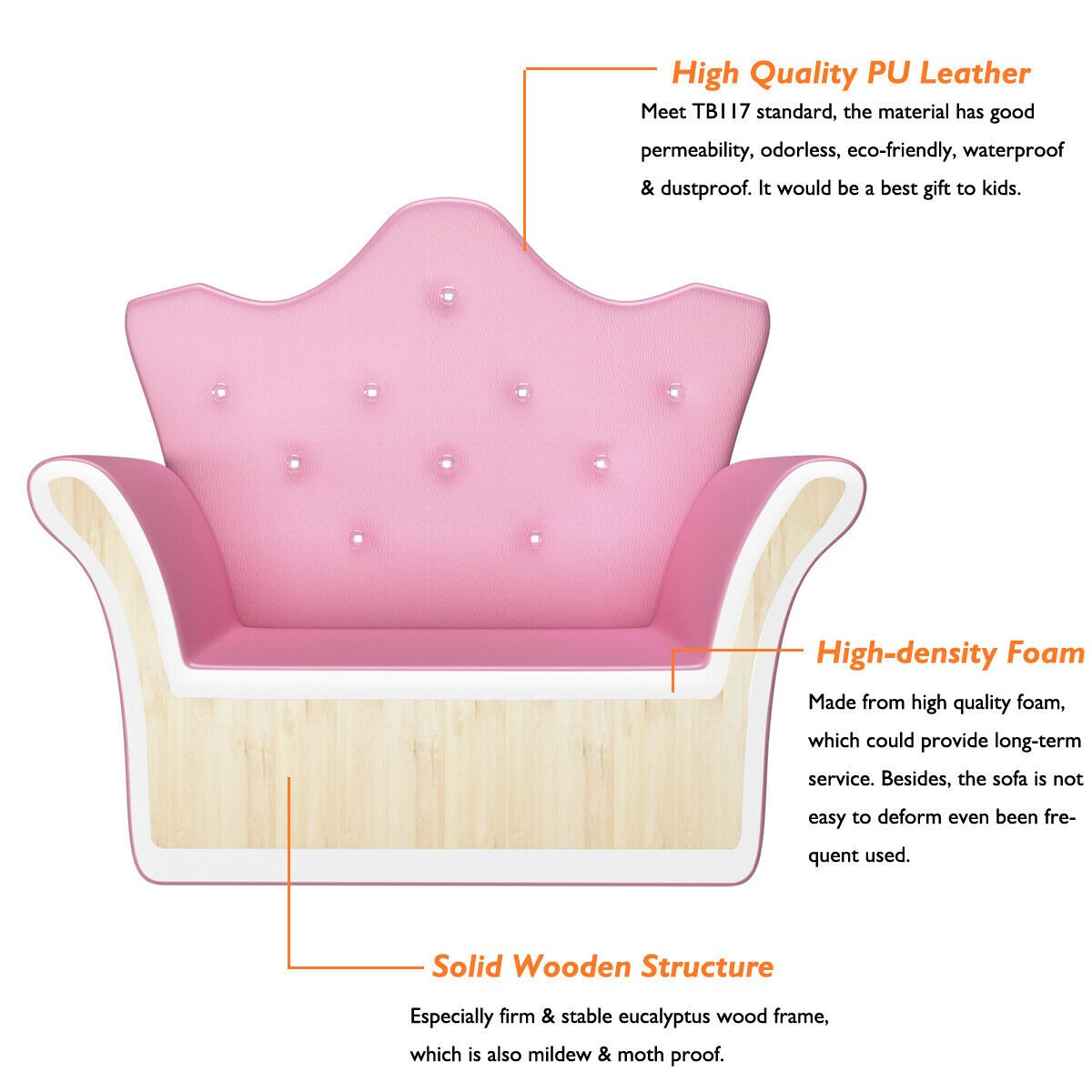Children Upholstered Princess Sofa with Ottoman and Diamond Decoration for Boys and Girls-Pink view 9