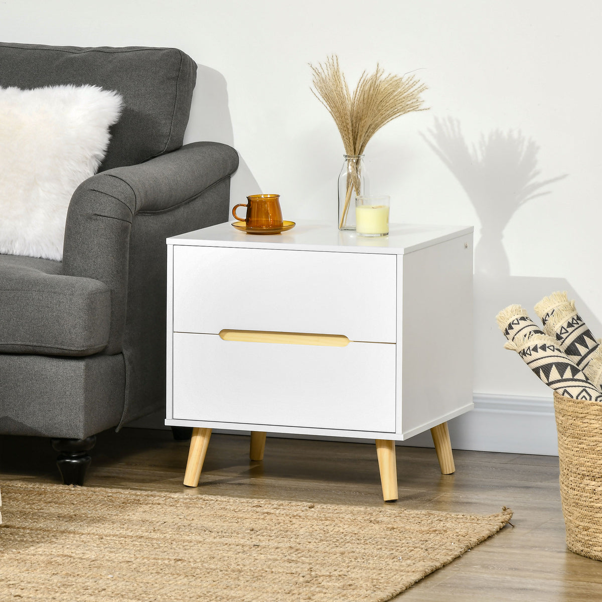 Nightstand, Bedside Table with 2 Drawers, Modern Side End Table with Solid Wood Legs for Bedroom, White – view 7