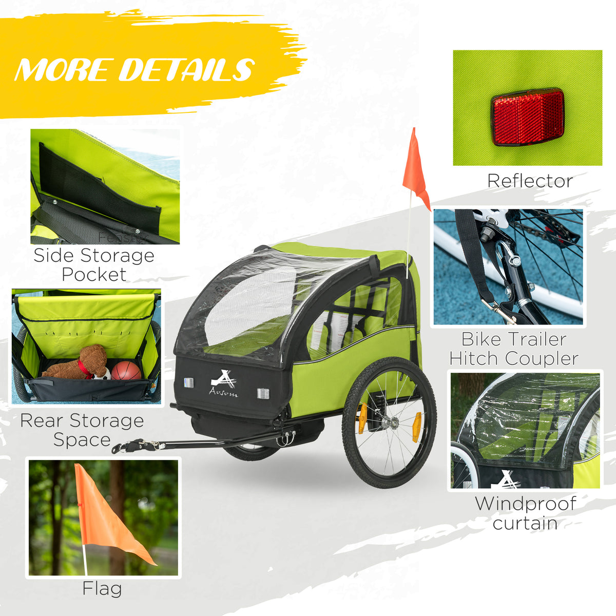 Aosom 2 Seat Bike Trailer for Kids, Baby Stroller with Storage Bag, 5 Point Harness, Bicycle Trailer with 20" Wheels
