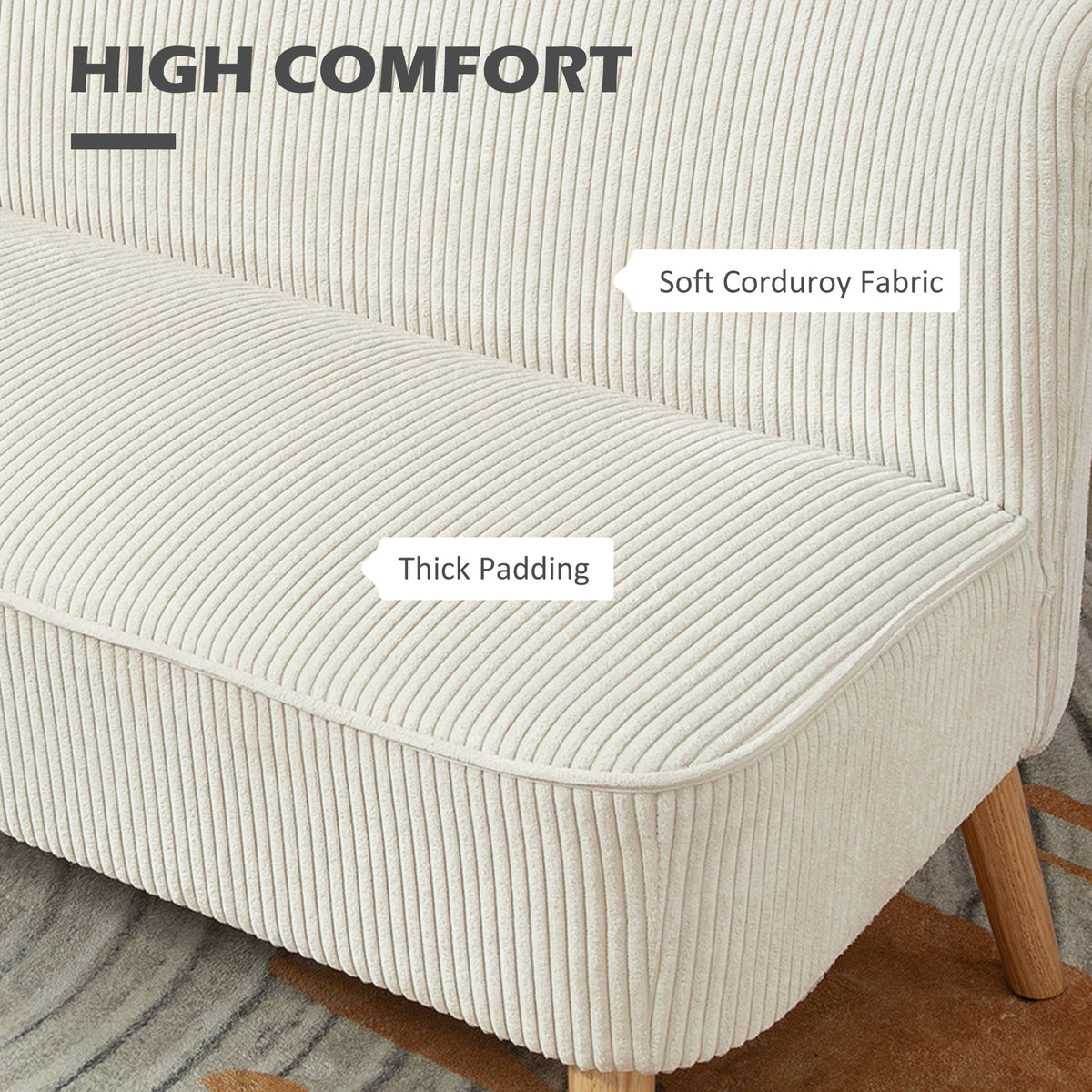 Modern 2 Seater Sofa, Upholstered Two Seater Couch with Rubber Wood Legs, Cream White – view 3