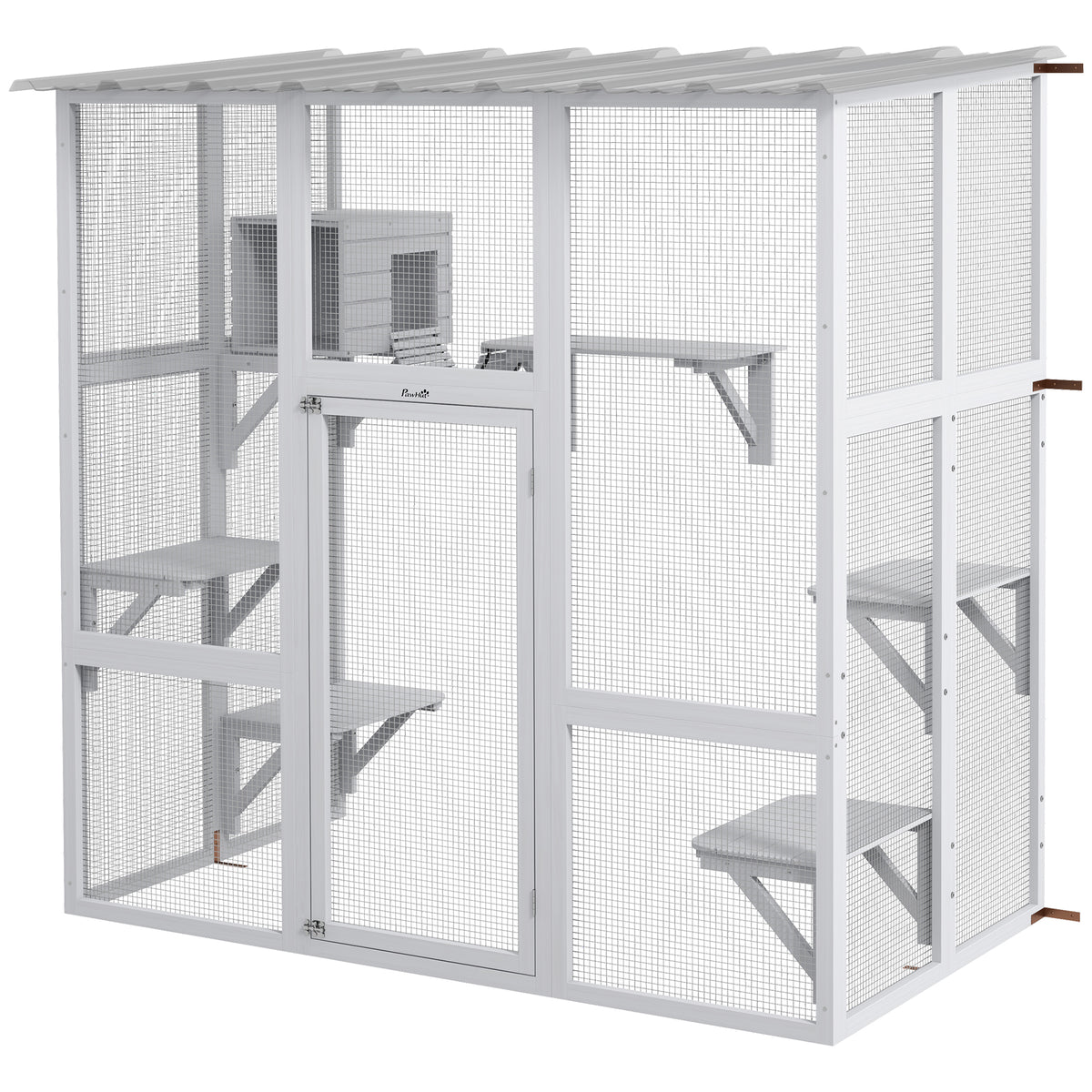 Large Outdoor Catio with Weatherproof Roof, Bridge, Resting Box, Platforms, Grey – view 15