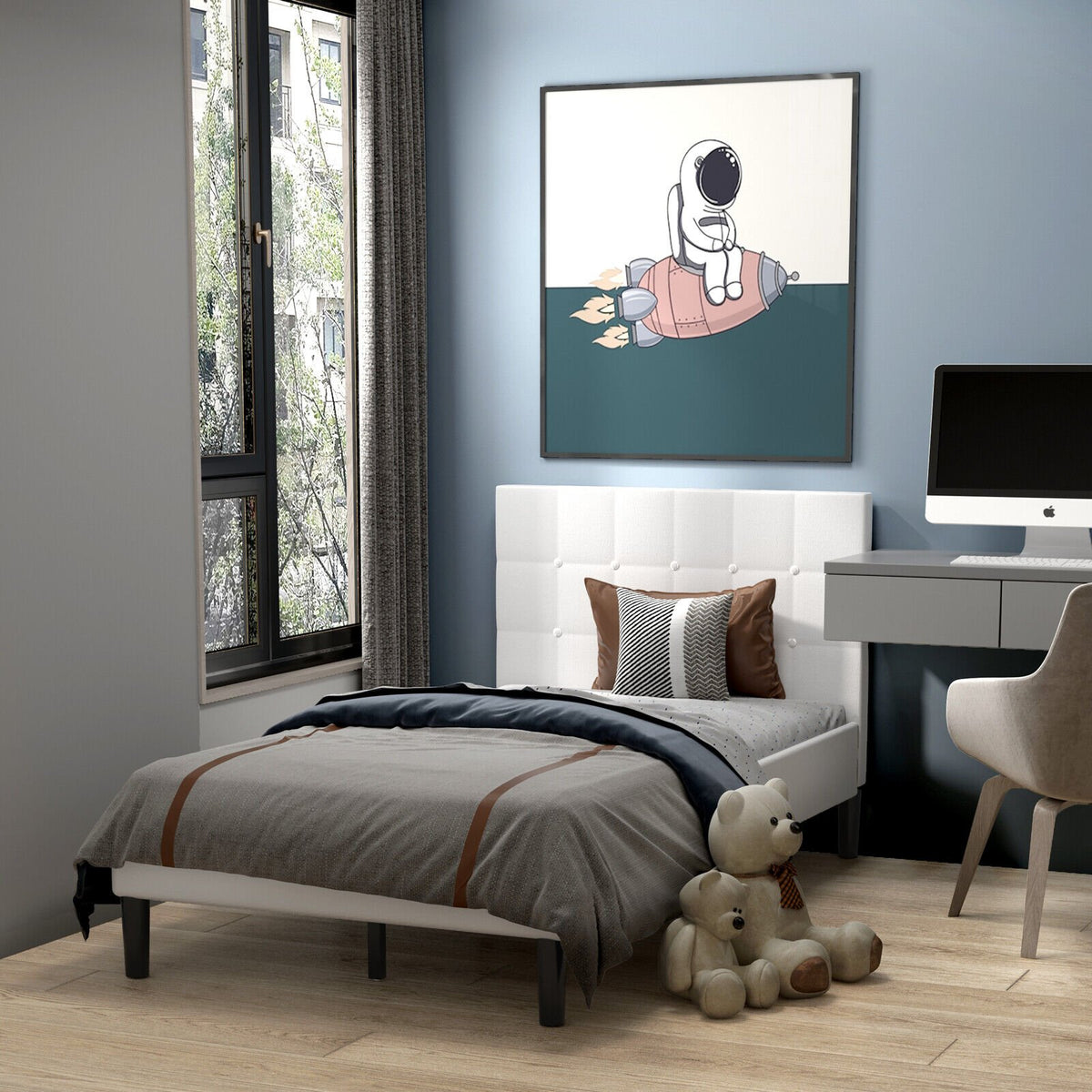 Platform Bed with Button Tufted Headboard-Beige view 2