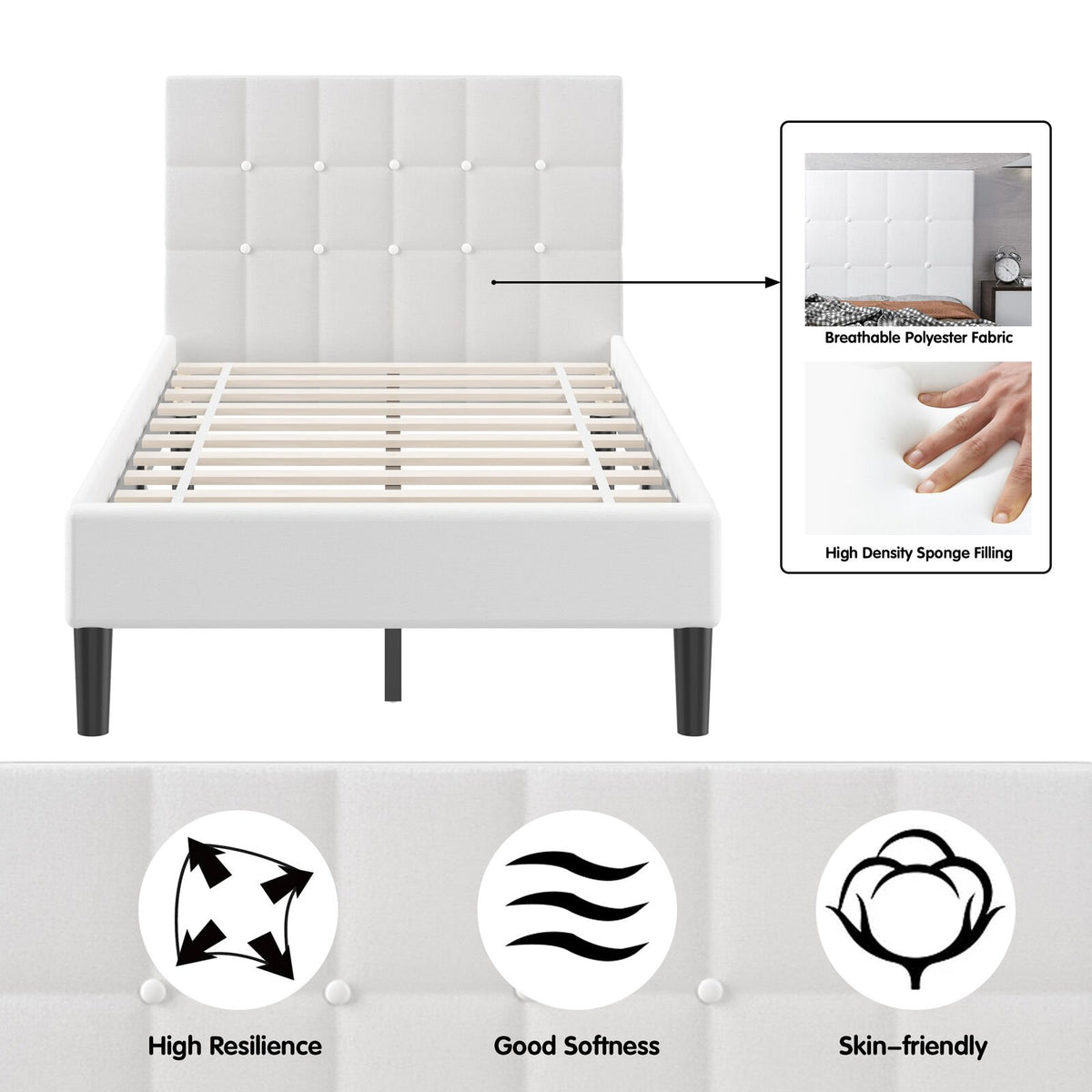 Platform Bed with Button Tufted Headboard-Beige view 6