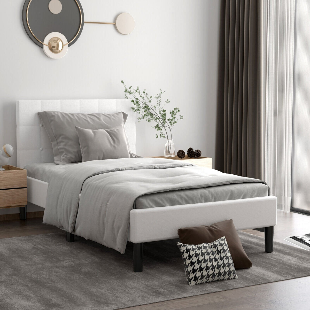 Platform Bed with Button Tufted Headboard-Beige view 7