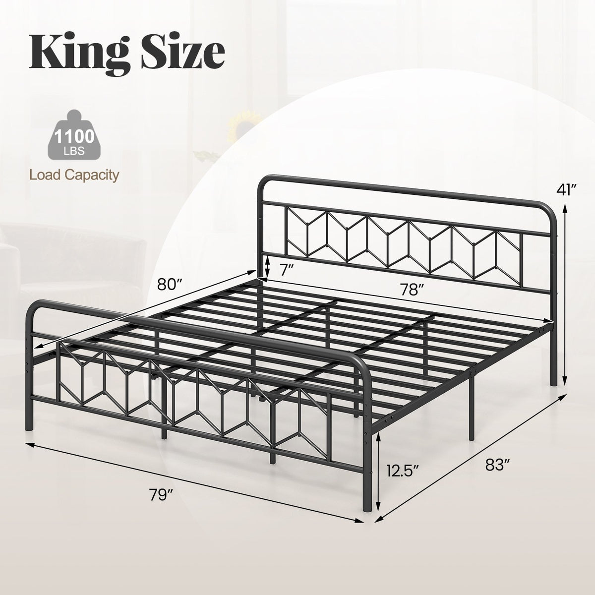 Platform Bed with High Headboard and Snap Lock Metal Slats-King Size view 4