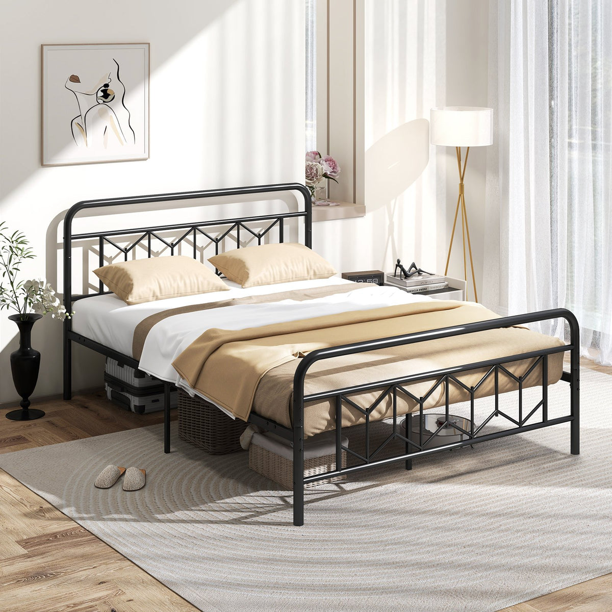 Platform Bed with High Headboard and Snap Lock Metal Slats-Queen Size view 2