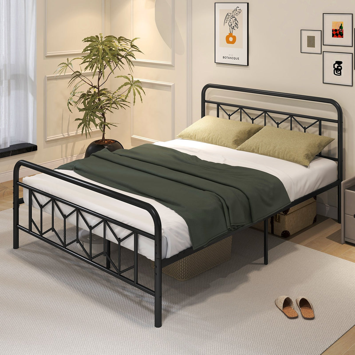Platform Bed with High Headboard and Snap Lock Metal Slats-Queen Size view 3