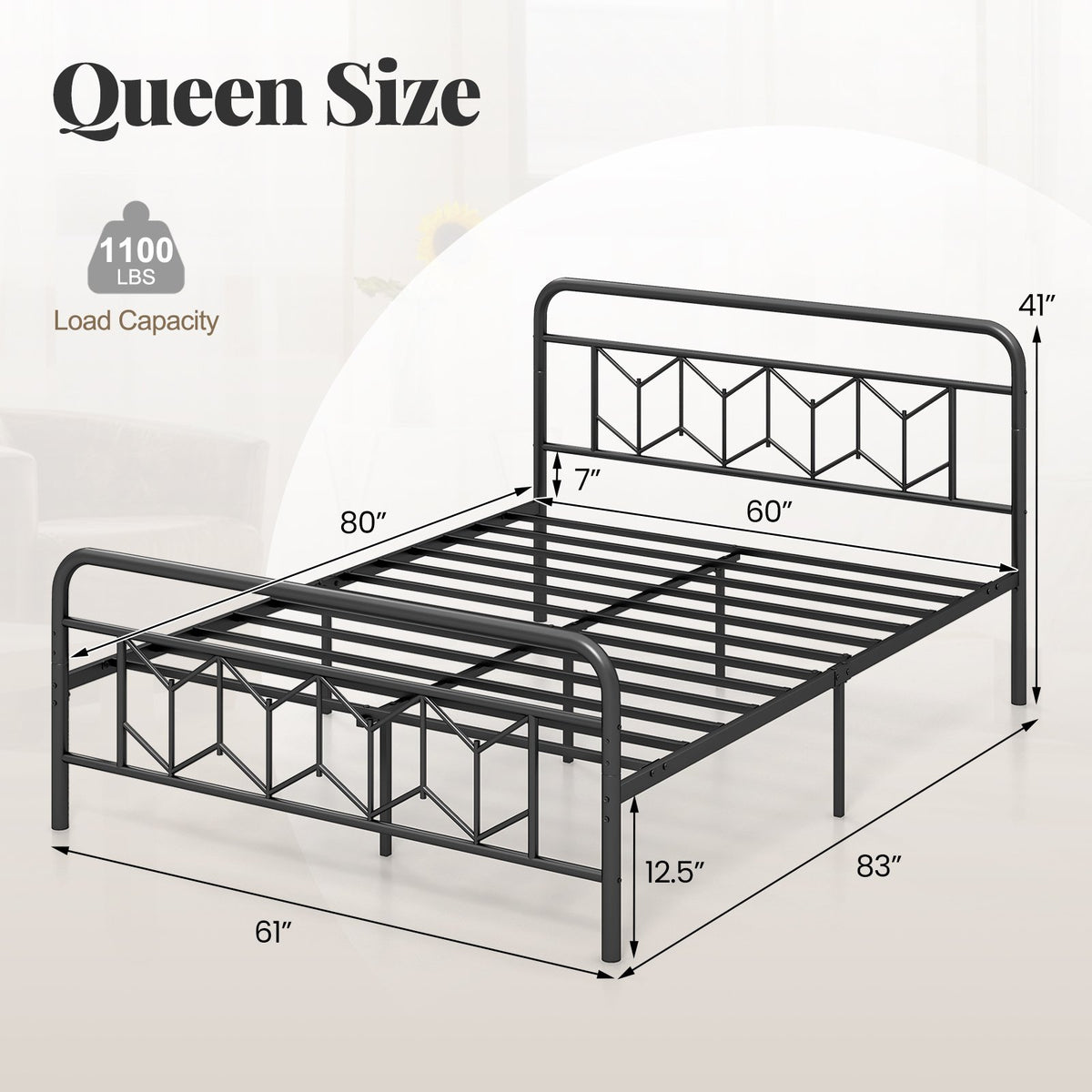 Platform Bed with High Headboard and Snap Lock Metal Slats-Queen Size view 4