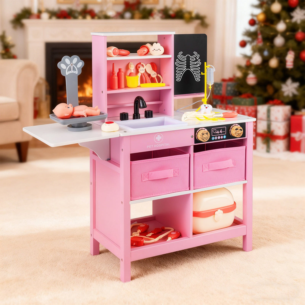 Play Doctor's Office Wood Medical Center Toy Set with Blackboard-Pink view 3