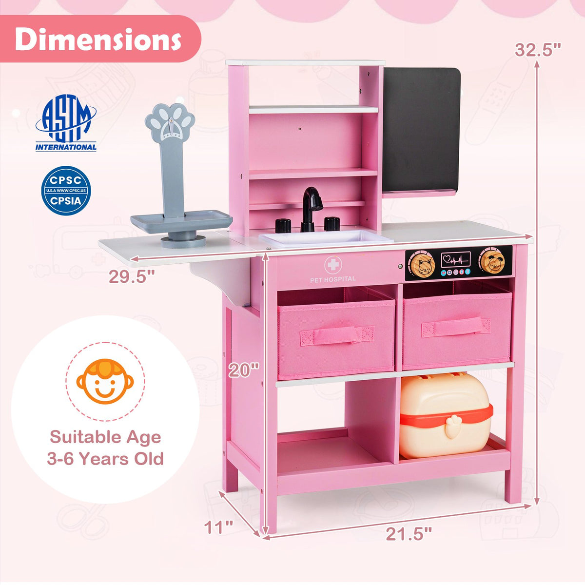 Play Doctor's Office Wood Medical Center Toy Set with Blackboard-Pink view 5