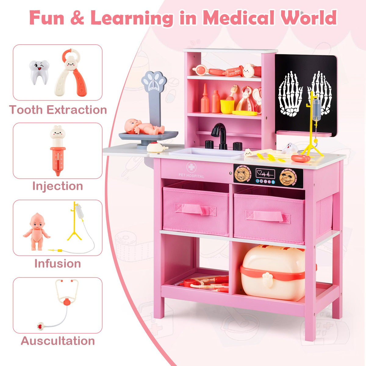 Play Doctor's Office Wood Medical Center Toy Set with Blackboard-Pink view 7