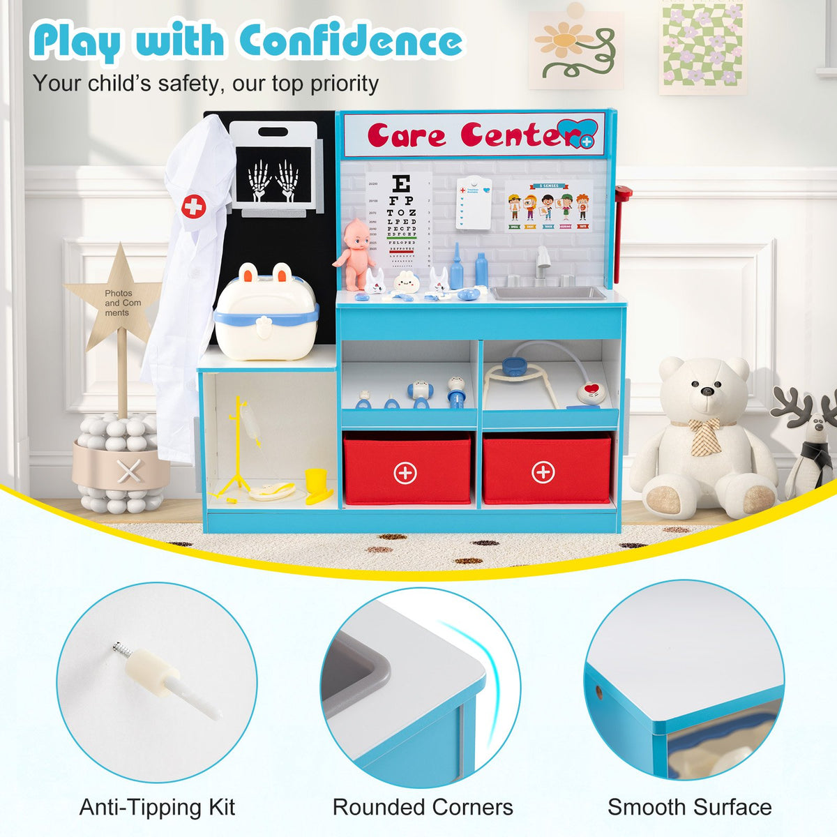 Play Doctor's Office Wood Medical Center Toy Set with Examine Region-Blue view 9