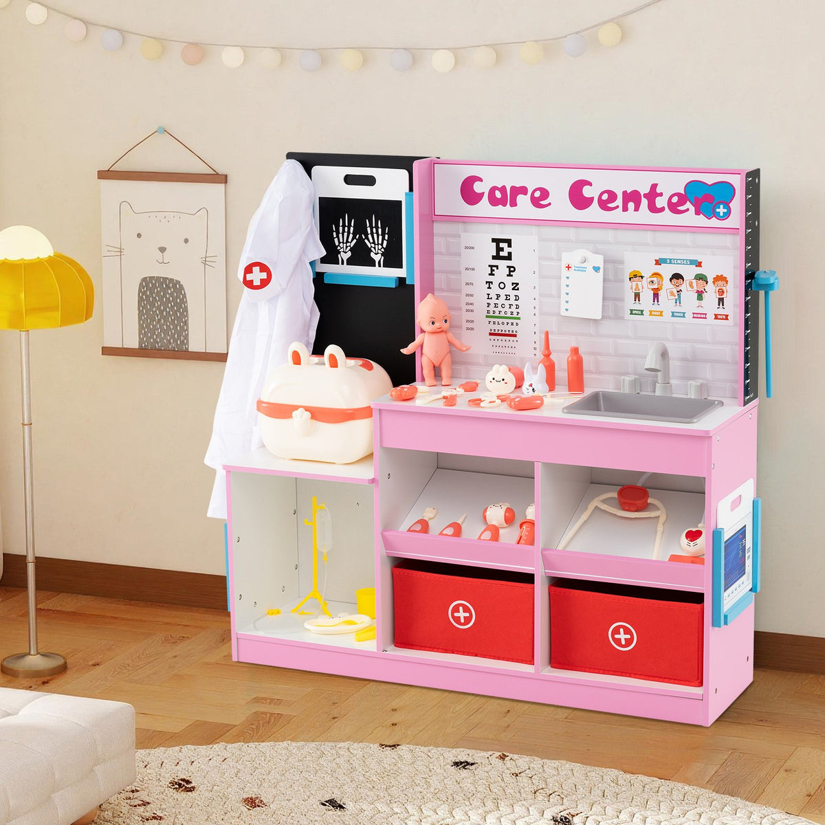 Play Doctor's Office Wood Medical Center Toy Set with Examine Region-Pink view 3