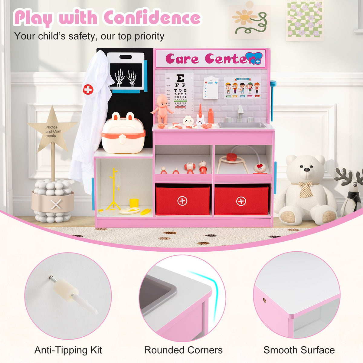 Play Doctor's Office Wood Medical Center Toy Set with Examine Region-Pink view 9
