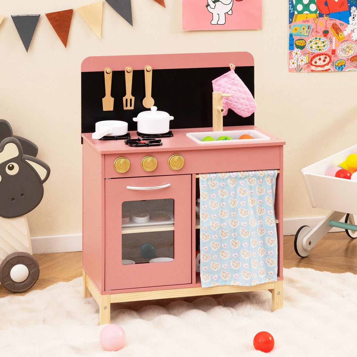 Play Kitchen for Kids Wooden Kitchen Playset with Door Curtain-Pink view 2