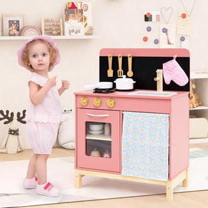 Play Kitchen for Kids Wooden Kitchen Playset with Door Curtain-Pink view 3