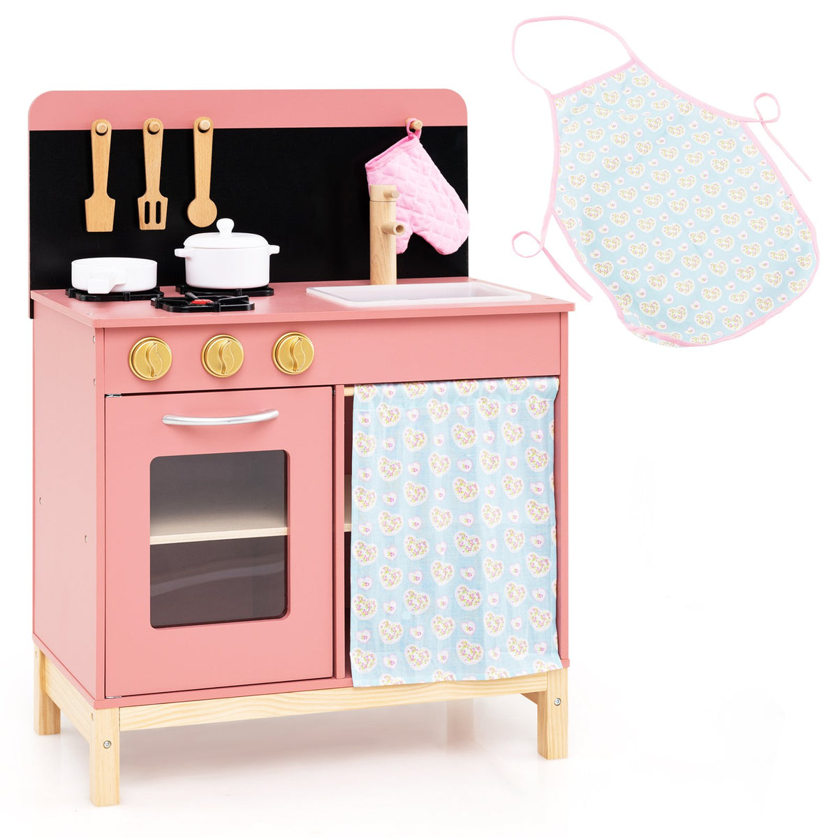 Play Kitchen for Kids Wooden Kitchen Playset with Door Curtain-Pink view 4