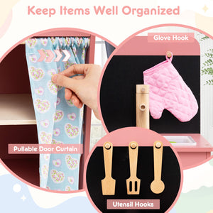 Play Kitchen for Kids Wooden Kitchen Playset with Door Curtain-Pink view 7
